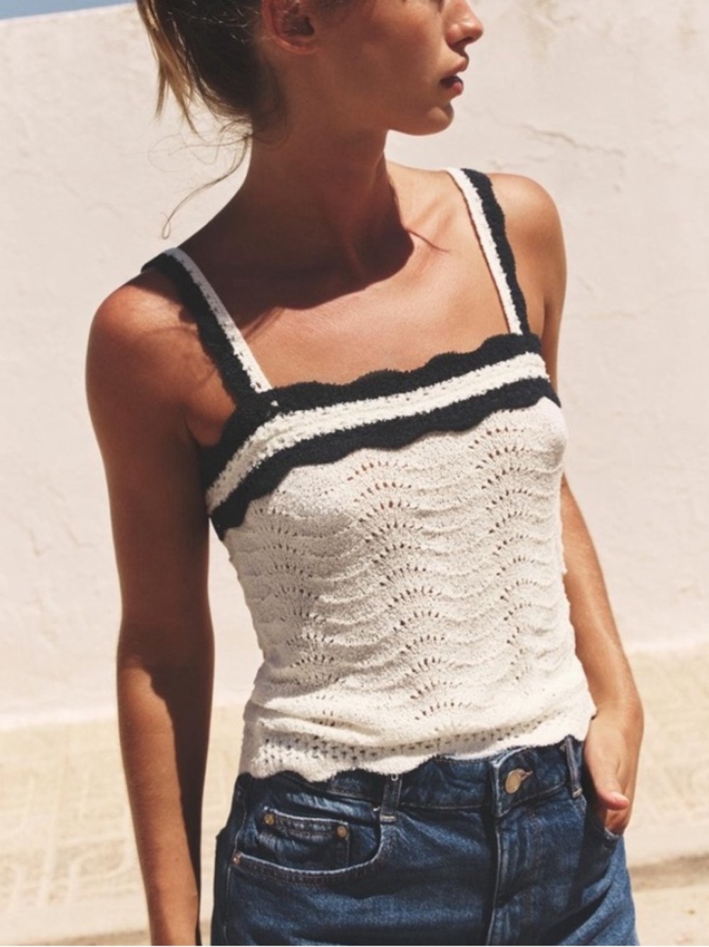 NWT Zara Crochet Open Knit Tank Top in White with Navy Striped Scalloped Trim